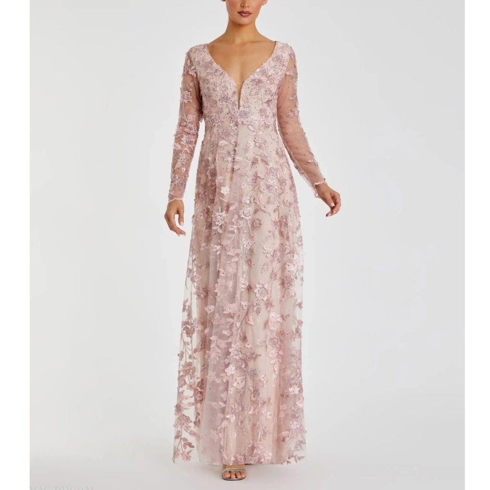 NWT | Mac Duggal 70224 Pink Floral Applique Long Sleeve Illusion Gown | Sz 12